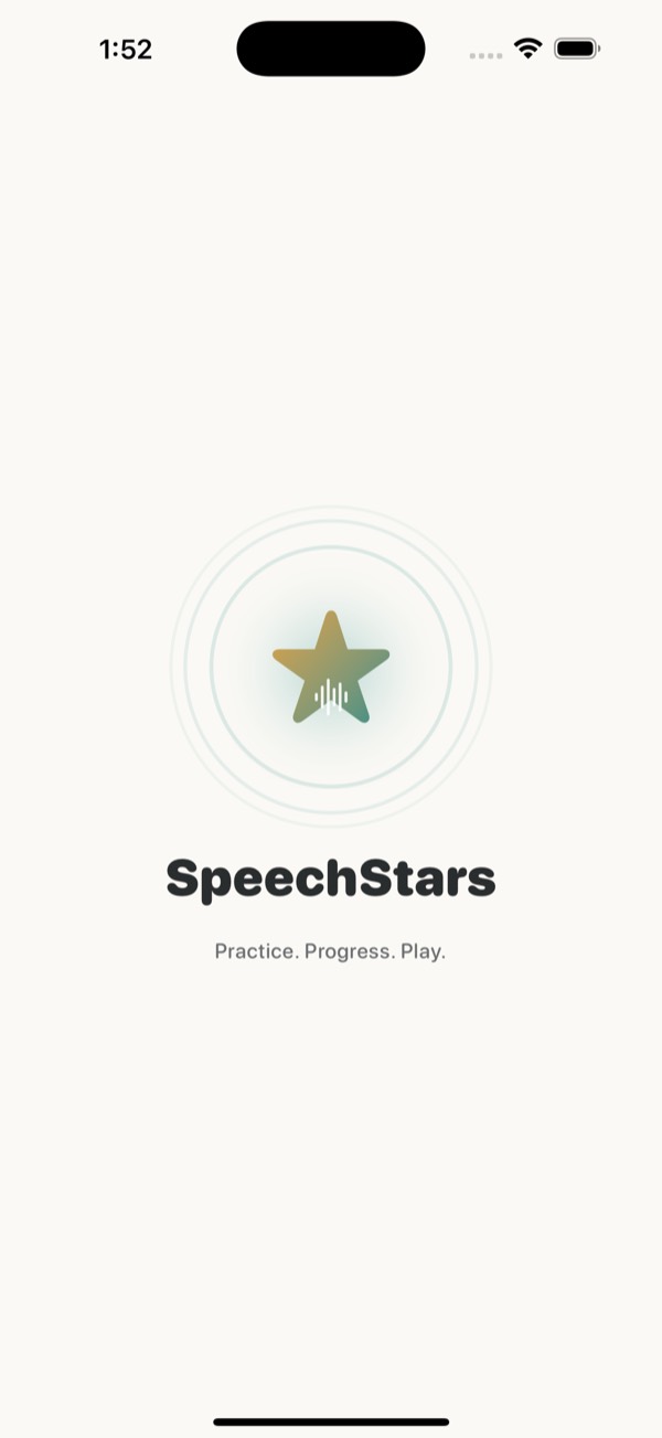 The SpeechStars home screen, showing the child's sounds to practise and a Let's Play button